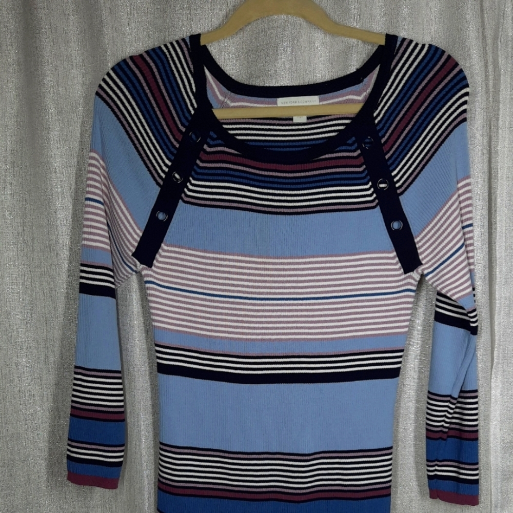 NY & Co. Blue White & Purple Striped Sweater